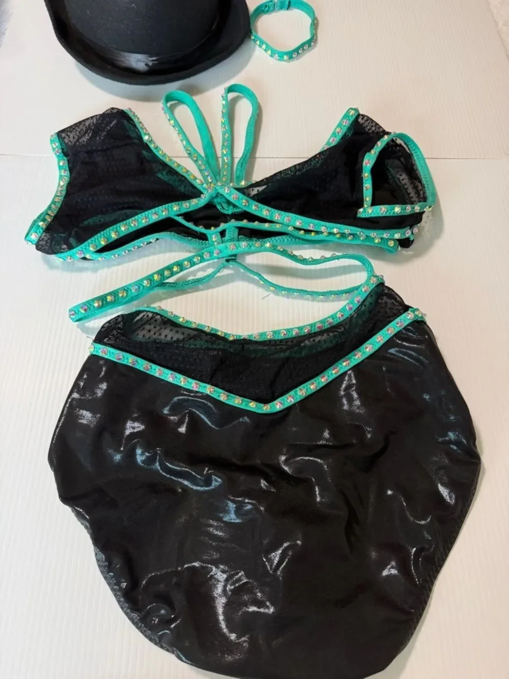 Custom dance costume leotard black aqua blue 2 piece SA-Small adult